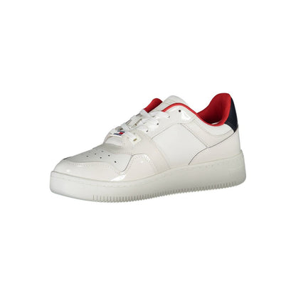 Sneakers by Tommy Hilfiger for women in polyester polyethylene leather white presents a sumptuous silhouette, artfully capturing the essence of the Crisp Women's Fashion Polyester Polyethylene Leather Sneakers with its sumptuous fashion style design.