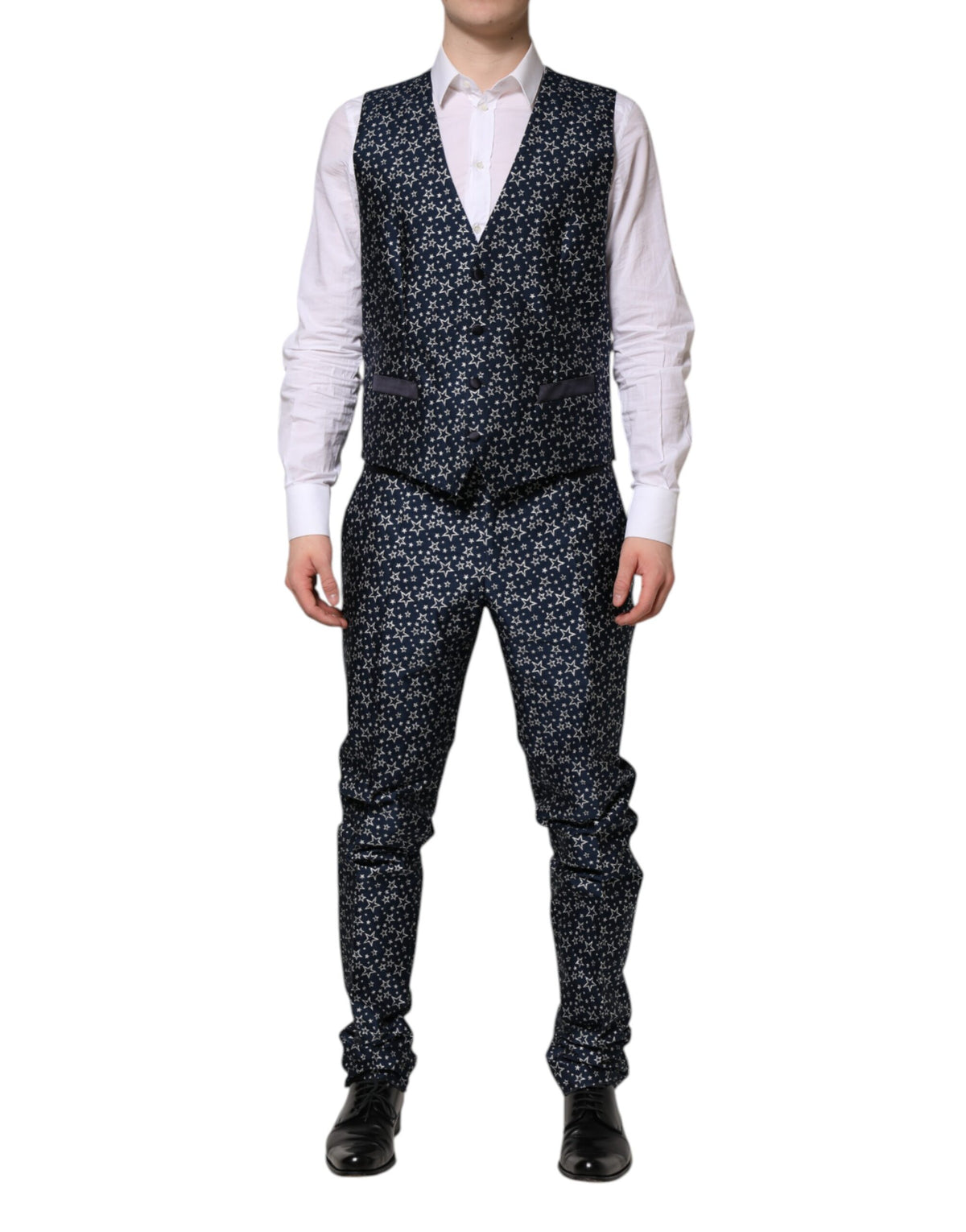 Dolce & Gabbana Star Men's Slim Nylon Polyester Viscose & Silk Pant Suit - Dark Blue Jacquard