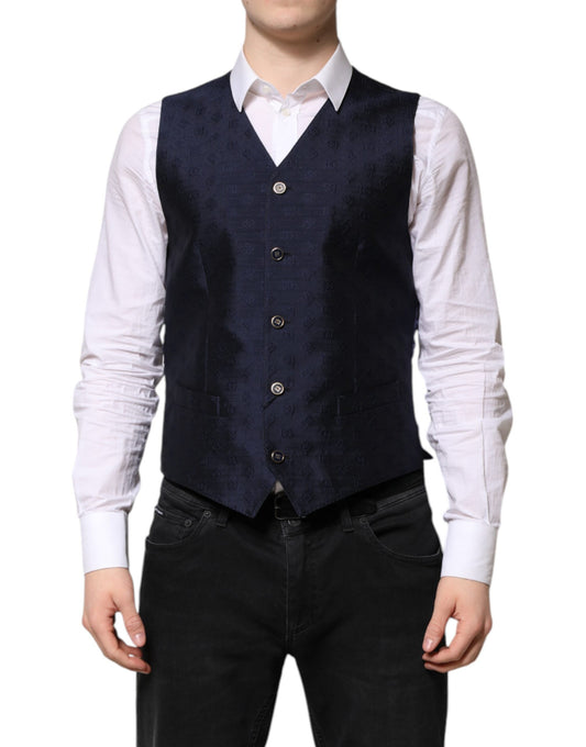 Dolce & Gabbana Dark Blue Logo Wool Formal Men Waistcoat Vest