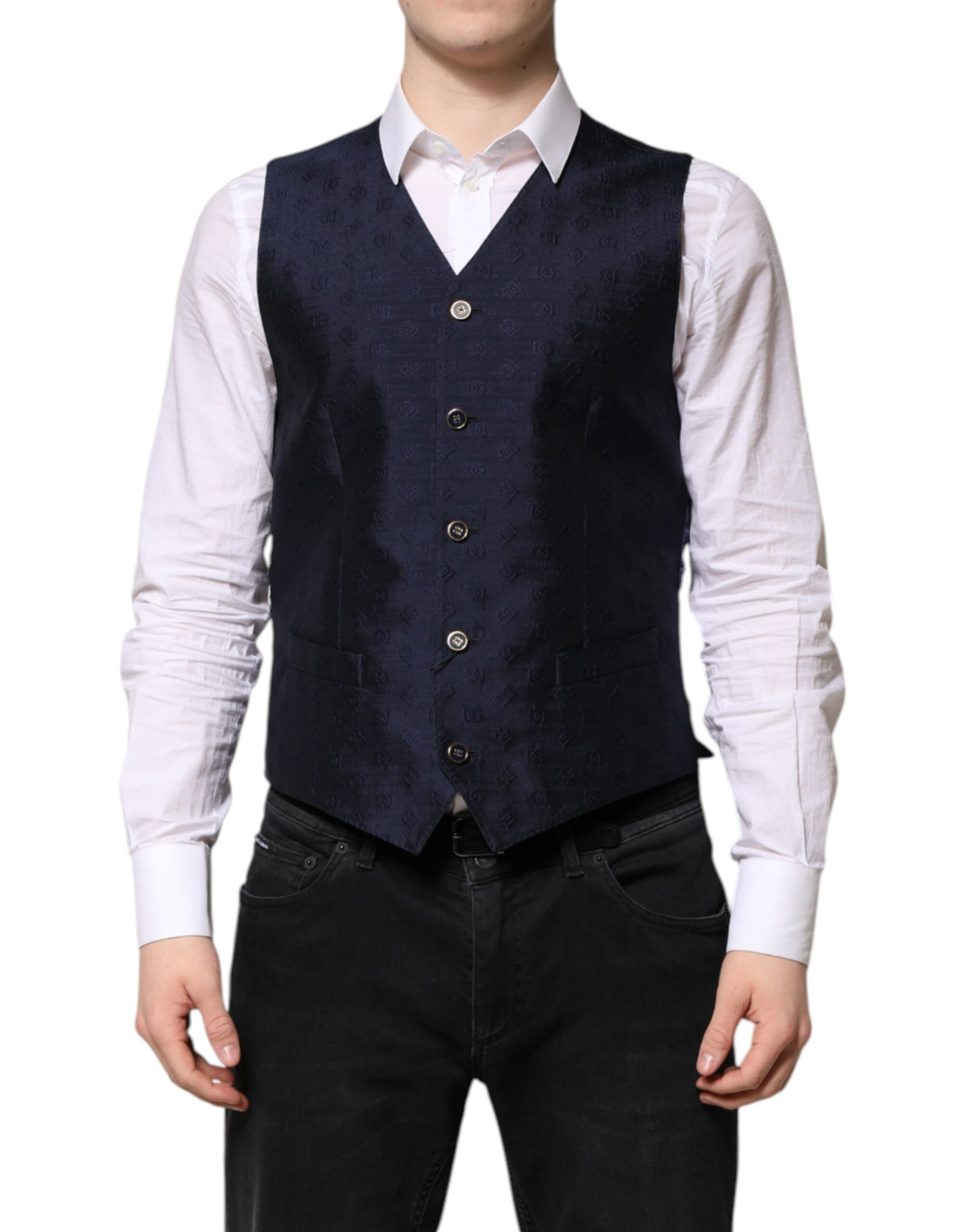 Dolce & Gabbana Men's Single Breasted Viscose & Virgin Wool Vest - Dark Blue