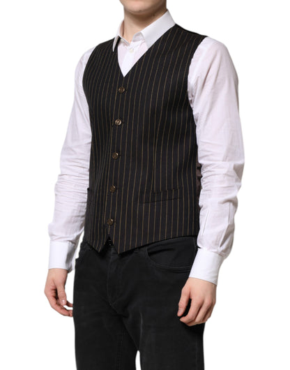 Dolce & Gabbana Men's Single Breasted Virgin Wool & Silk Vest - Black Striped