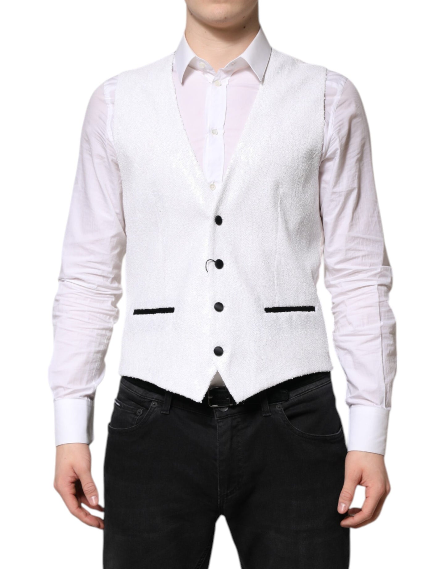 Dolce & Gabbana White Sequined Dress Formal Waistcoat Vest