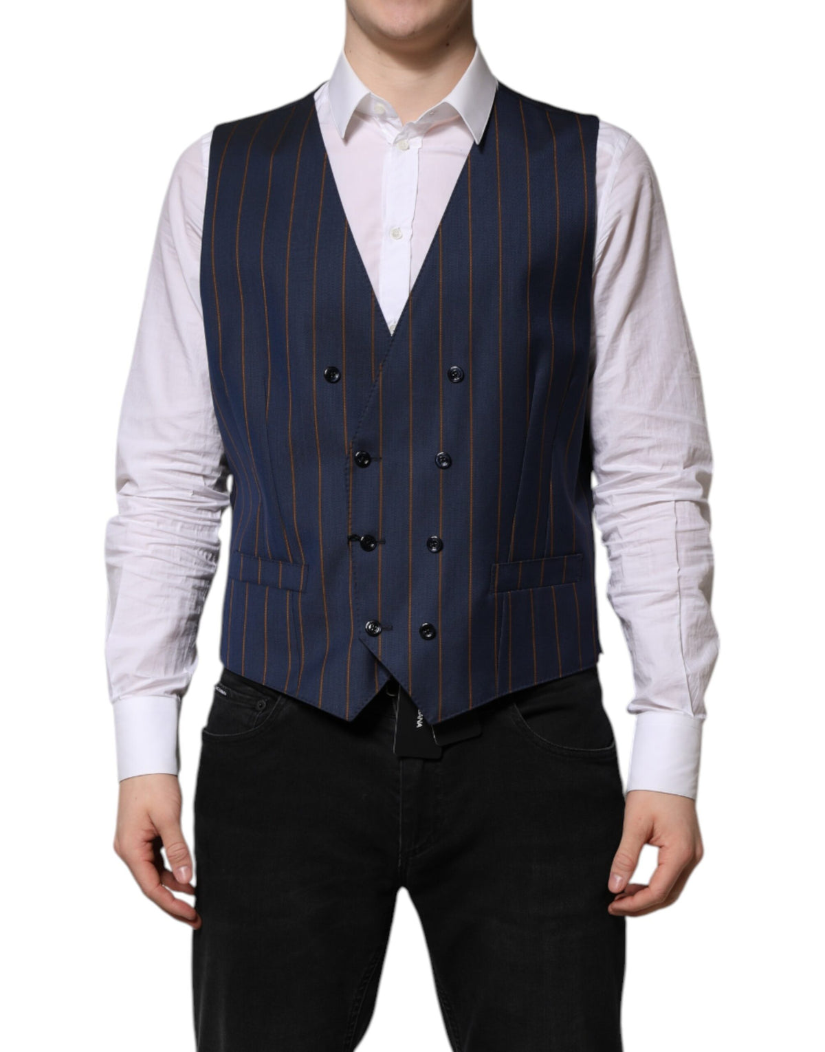 Dolce & Gabbana Men's Single Breasted Virgin Wool & Silk Vest - Blue Striped