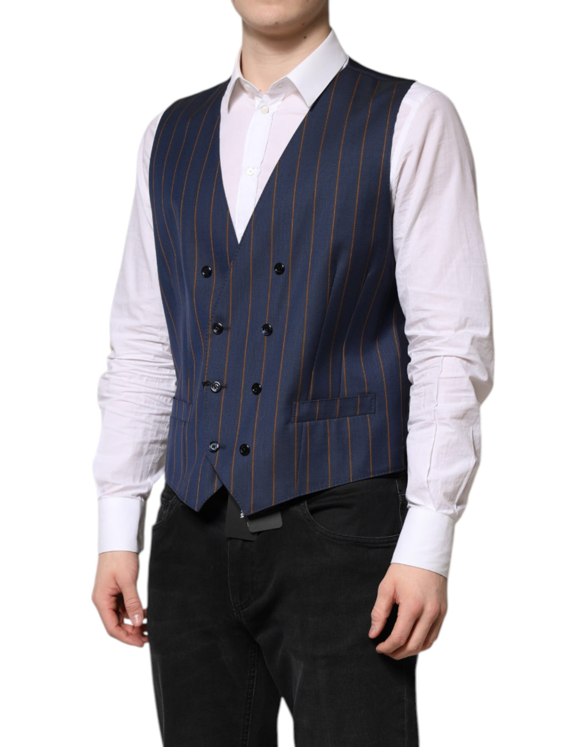 Dolce & Gabbana Men's Single Breasted Virgin Wool & Silk Vest - Blue Striped