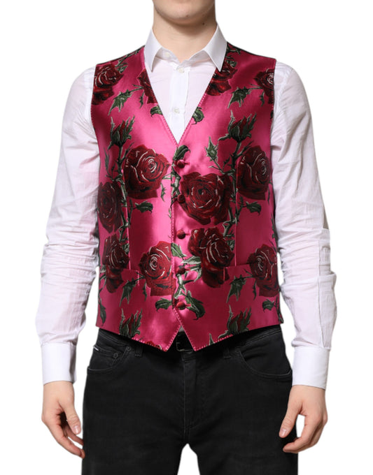 Dolce & Gabbana Men's Single Breasted Polyester Satin & Silk Vest - Pink Floral