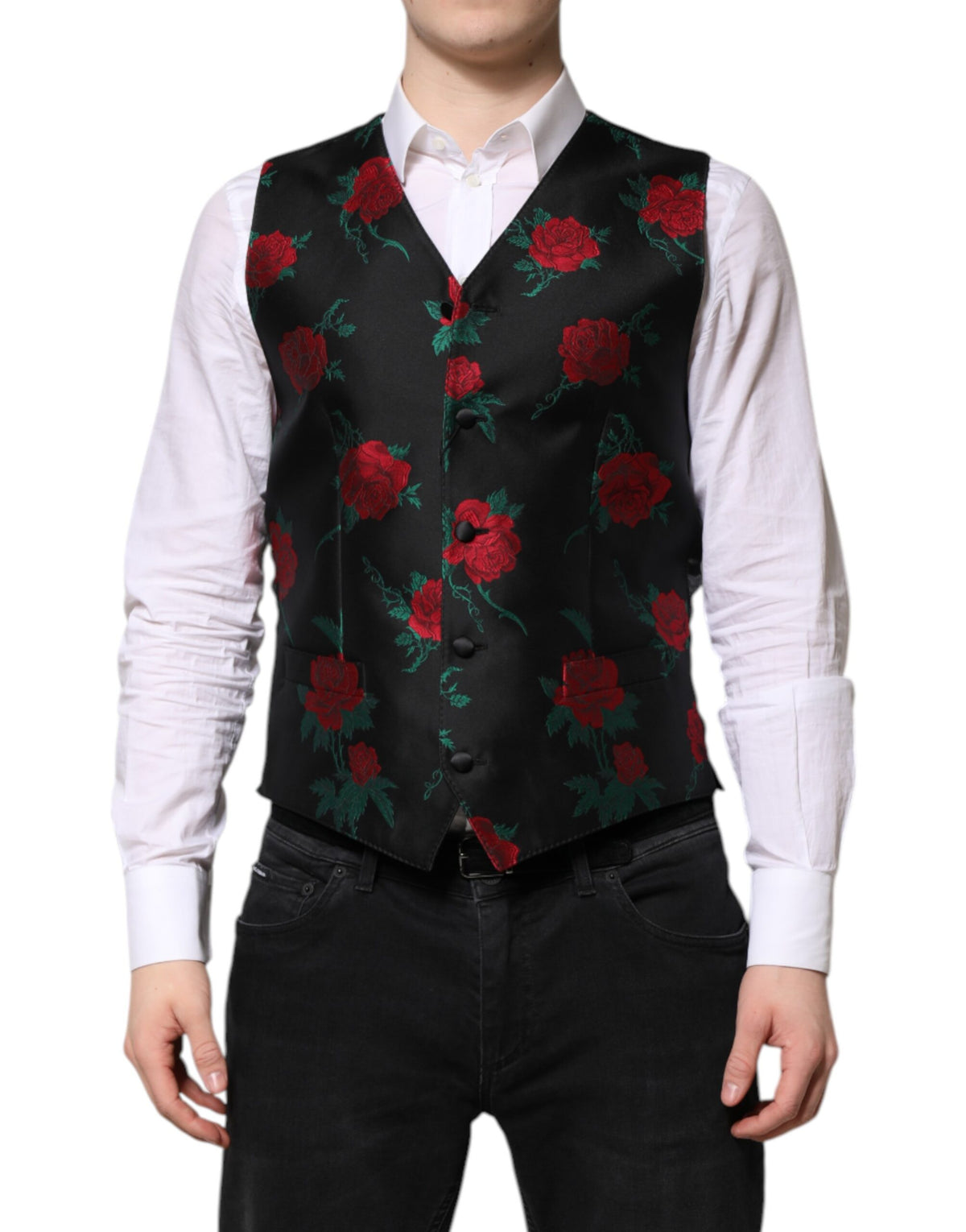 Dolce & Gabbana Men's Single Breasted Polyester & Silk Vest - Black Red Floral