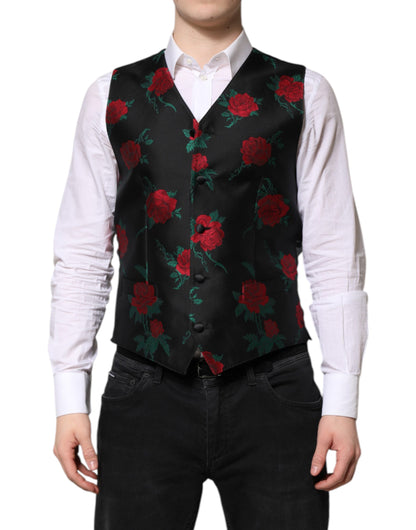 Dolce & Gabbana Men's Single Breasted Polyester & Silk Vest - Black Red Floral