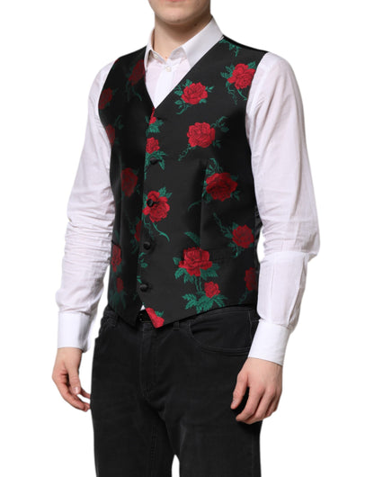 Dolce & Gabbana Men's Single Breasted Polyester & Silk Vest - Black Red Floral