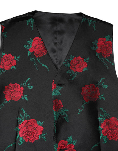 Dolce & Gabbana Men's Single Breasted Polyester & Silk Vest - Black Red Floral