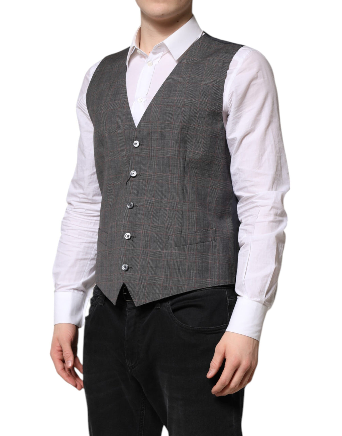 Dolce & Gabbana Men's Single Breasted Virgin Wool & Silk Vest - Gray Plaid