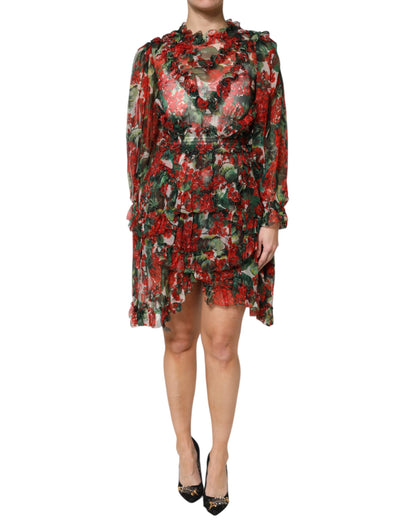 Dolce & Gabbana Women's One Shoulder Asymmetric Long-Sleeve Round Neck Stretch Cotton Nylon & Silk Mini Dress - Multicolor Floral Print