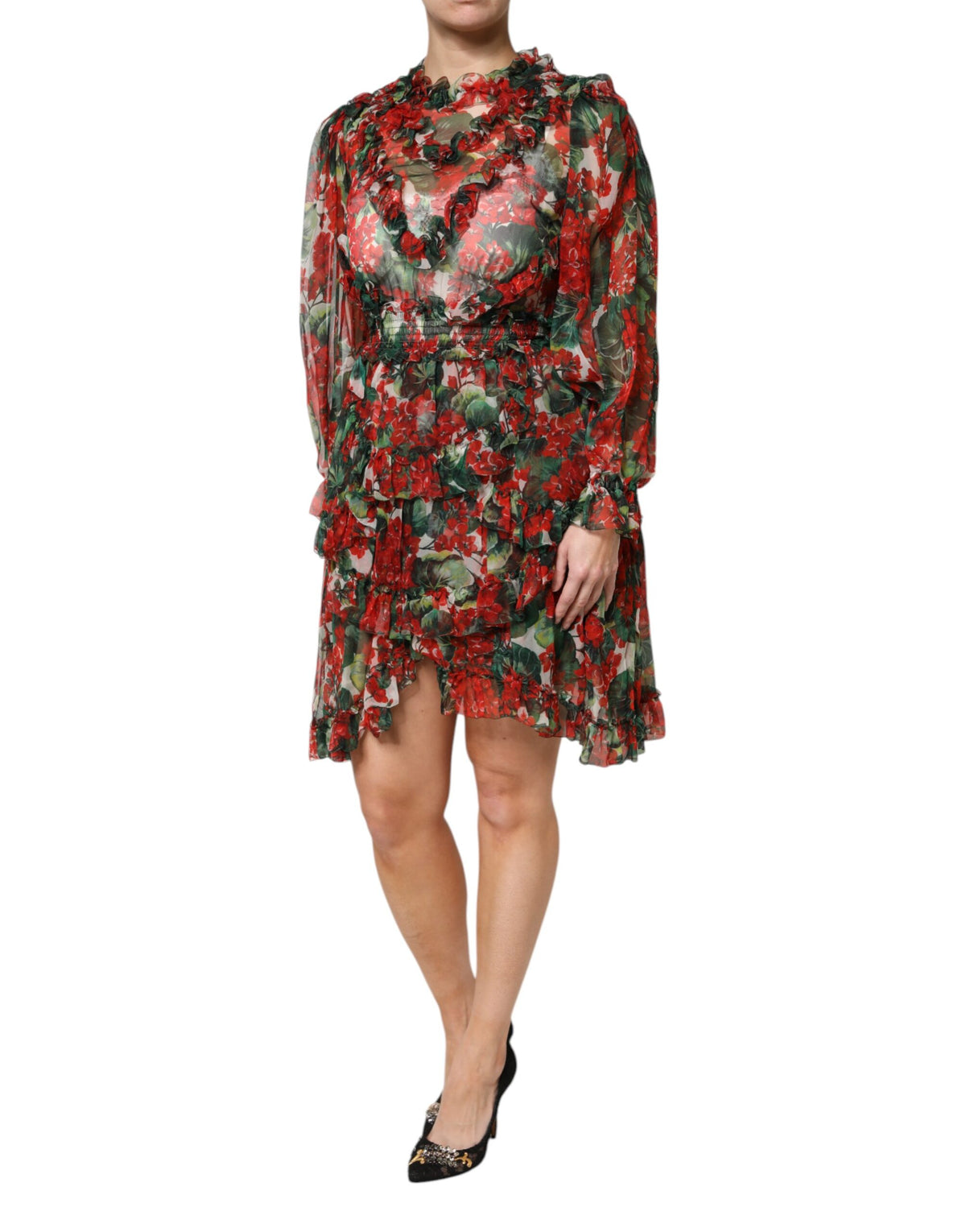 Dolce & Gabbana Women's One Shoulder Asymmetric Long-Sleeve Round Neck Stretch Cotton Nylon & Silk Mini Dress - Multicolor Floral Print