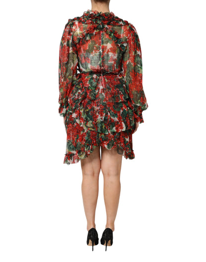 Dolce & Gabbana Women's One Shoulder Asymmetric Long-Sleeve Round Neck Stretch Cotton Nylon & Silk Mini Dress - Multicolor Floral Print