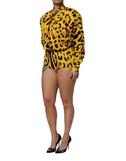 Dolce & Gabbana Women's Long-Sleeve Silk & Polyester Dress - Yellow Leopard Print Print
