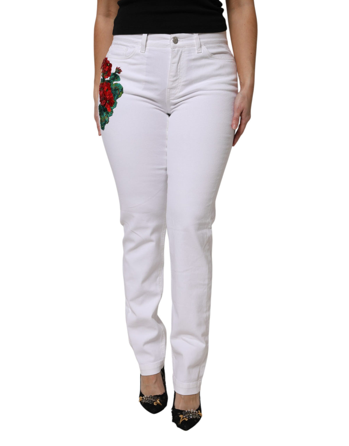 Dolce & Gabbana Women's Mid Rise Cotton Denim Nylon & Sequins Jeans - White Floral