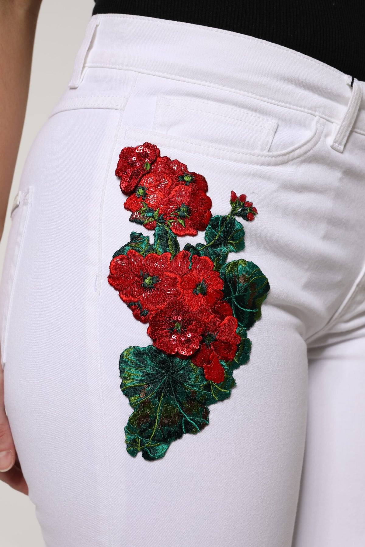 Dolce & Gabbana Women's Mid Rise Cotton Denim Nylon & Sequins Jeans - White Floral