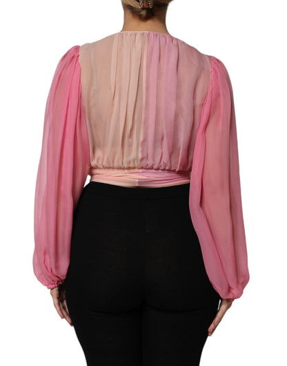 Dolce & Gabbana Pink Plunging V-neck Long Sleeves Blouse Top