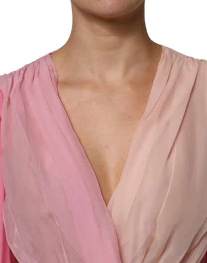 Dolce & Gabbana Pink Plunging V-neck Long Sleeves Blouse Top