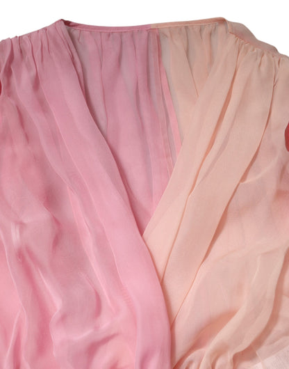 Dolce & Gabbana Pink Plunging V-neck Long Sleeves Blouse Top