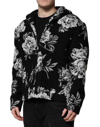 Dolce & Gabbana Black Wool Floral Printed Men Hooded Jacket