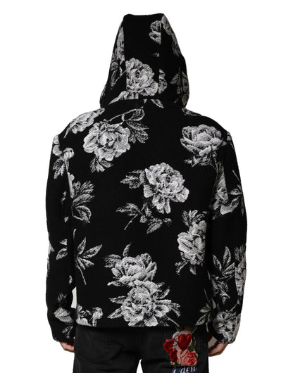 Dolce & Gabbana Black Wool Floral Printed Men Hooded Jacket
