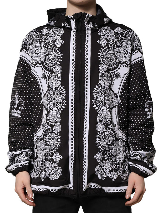 Dolce & Gabbana Black Bandana Print Hooded Bomber Jacket