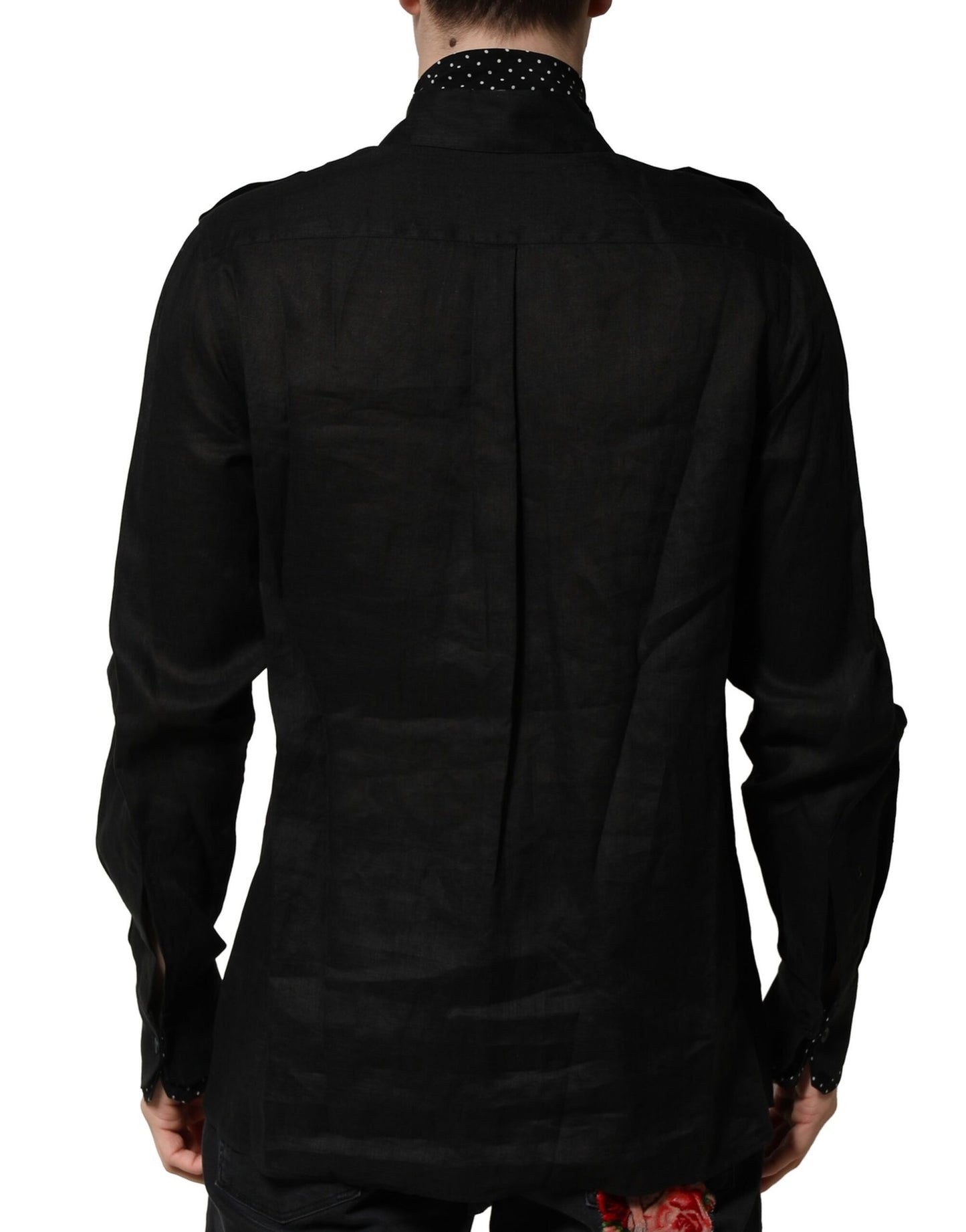 Dolce & Gabbana Black Polka Dot Collar Tie Neck Casual Shirt