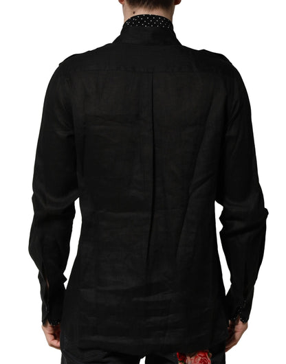 Dolce & Gabbana Black Polka Dot Collar Tie Neck Casual Shirt