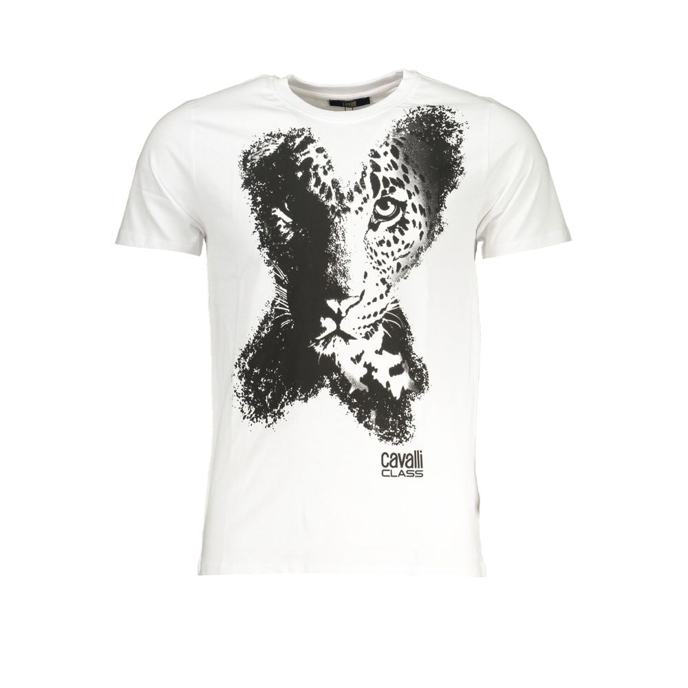 T-Shirt by Cavalli Class for men in cotton white & print showcases a fashionable silhouette, elegantly detailed with a fashionable and crew neckline for a sophisticated, high-fashion look.