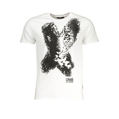 T-Shirt by Cavalli Class for men in cotton white & print showcases a fashionable silhouette, elegantly detailed with a fashionable and crew neckline for a sophisticated, high-fashion look.