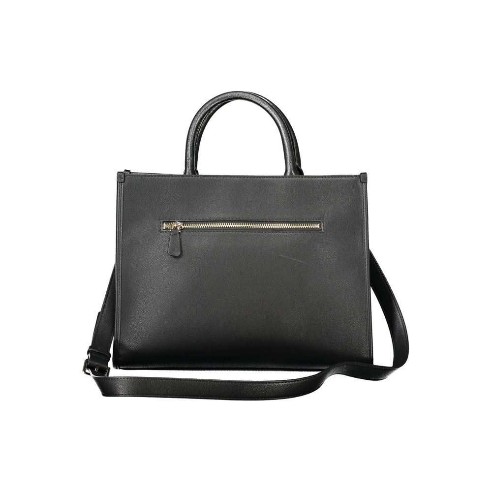 Handbag by Guess Jeans for women in polyethylene black features a ornamental silhouette, showcasing a secure zipper, ample built-in-compartments & external-pockets, and ornamental shoulder-strap, adjustable-strap & handle for a sophisticated look.