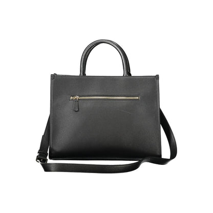 Handbag by Guess Jeans for women in polyethylene black features a ornamental silhouette, showcasing a secure zipper, ample built-in-compartments & external-pockets, and ornamental shoulder-strap, adjustable-strap & handle for a sophisticated look.