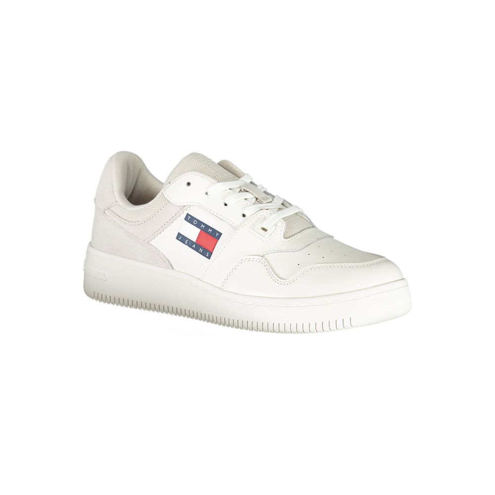 Athletic Sneakers by Tommy Hilfiger for women in polyester white & print features an architectural silhouette from the Women's Athletic Polyester Sneakers collection, showcasing a architectural athletic style for a architectural look.