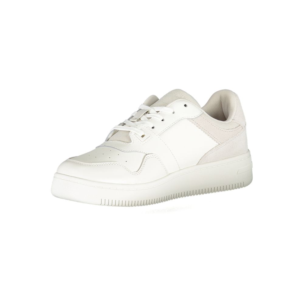 Athletic Sneakers by Tommy Hilfiger for women in polyester white & print features an architectural silhouette, showcasing the premium athletic style of the Women's Athletic Polyester Sneakers with an architectural finish.