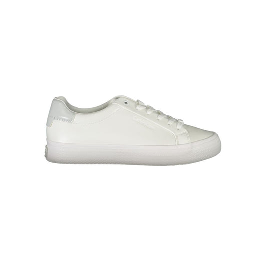 Sneakers by Calvin Klein for women in polyester polyurethane leather white presents a sumptuous silhouette, artfully capturing the essence of the Crisp Essence Women's Low Top Polyester Polyurethane Leather Sneakers with its sumptuous low-top style design.