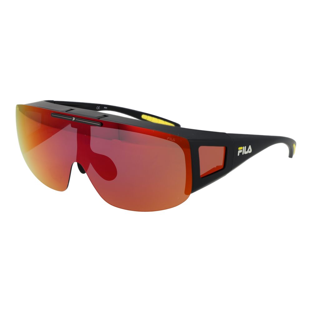 Sunglasses by Fila for men in and black featuring an opulent full-rim mono-lens frame design with a sophisticated black coloured frame finish and high-performance polarized mirrored category-3-dark-tint lens.