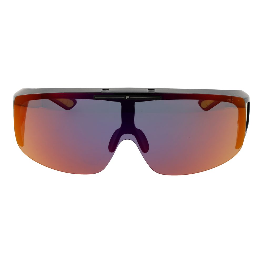 Sunglasses by Fila for men in and black presents a sumptuous silhouette, featuring black coloured frame and full-rim mono-lens frame design with polarized mirrored category-3-dark-tint lens for a sumptuous look.