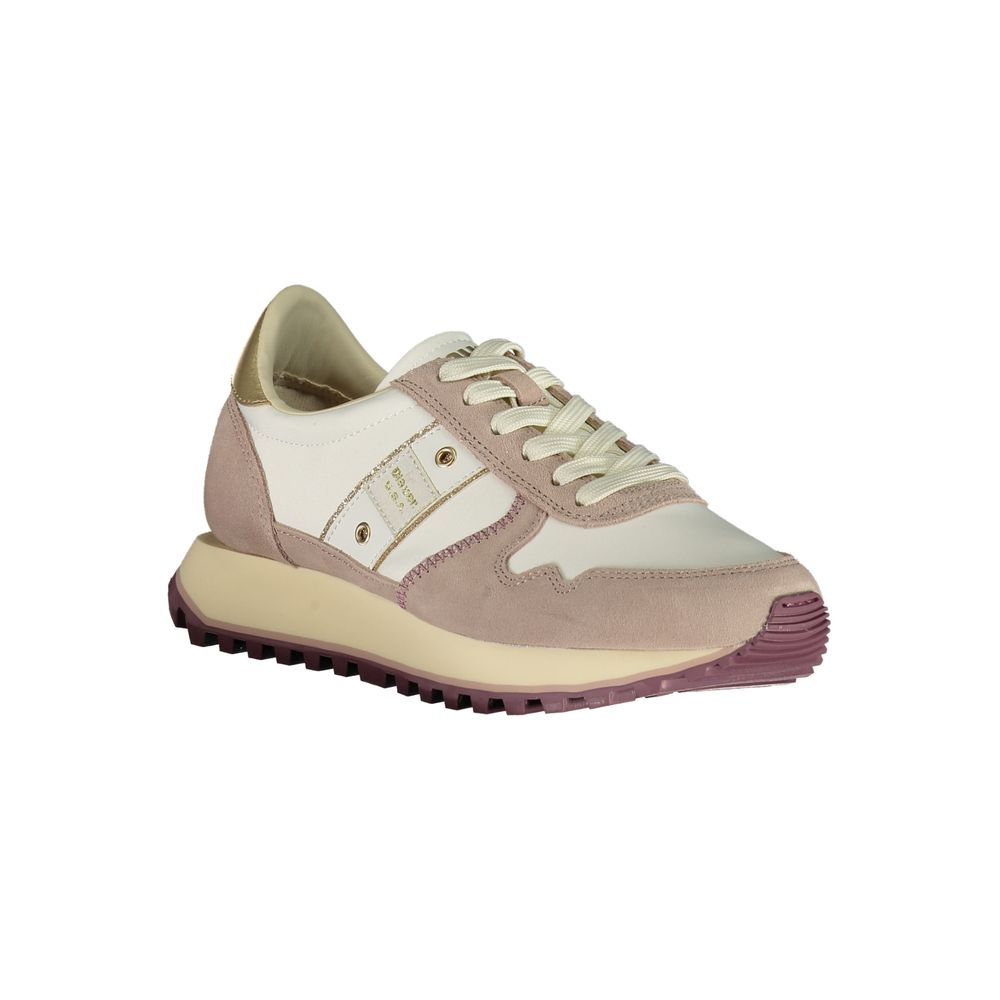 Sneakers by Blauer for women in polyester polyethylene leather gold, purple & white presents a sumptuous silhouette, artfully capturing the essence of the Women's Fashion Polyester Polyethylene Leather Sneakers with its sumptuous fashion style design.