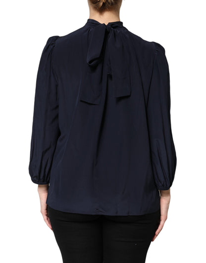 Dolce & Gabbana Blue Silk Mock Neck Long Sleeves Blouse Top
