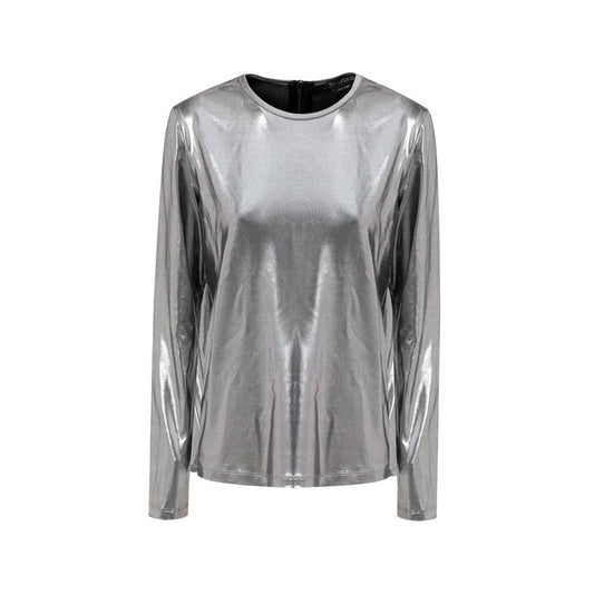 T-Shirt by Tom Ford for women in viscose gray & silver showcases a fashionable silhouette, elegantly detailed with a fashionable long-sleeve and round neckline for a sophisticated, high-fashion look.