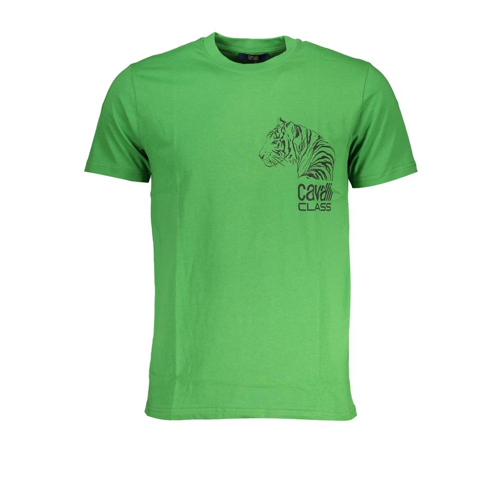 T-Shirt by Cavalli Class for men in cotton green & print showcases a fashionable silhouette, elegantly detailed with a fashionable and crew neckline for a sophisticated, high-fashion look.