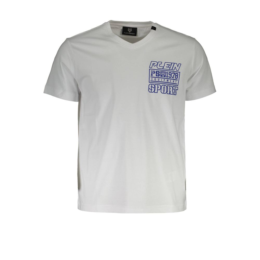 T-Shirt by Plein Sport for men in cotton white, signature & print showcases a chic silhouette, artfully detailed with a chic v-neck neckline and short-sleeve for a chic finish.