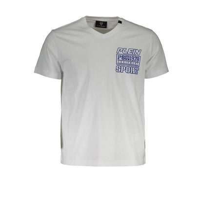 T-Shirt by Plein Sport for men in cotton white, signature & print showcases a chic silhouette, artfully detailed with a chic v-neck neckline and short-sleeve for a chic finish.