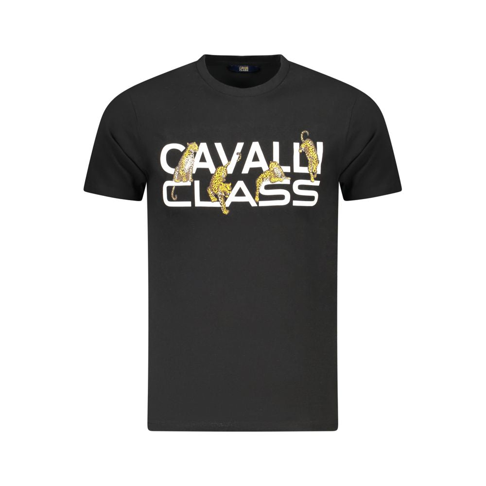 T-Shirt by Cavalli Class for men in cotton black & print features an edgy silhouette, meticulously detailed with a sophisticated short-sleeve and crew neckline for a truly edgy finish.