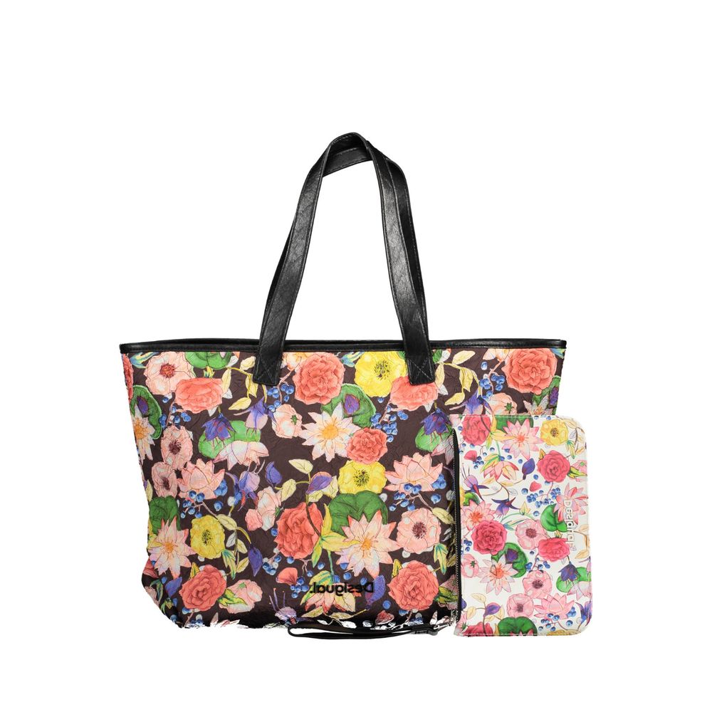 Desigual Black Multicolour Floral Faux Leather Tote Handbag