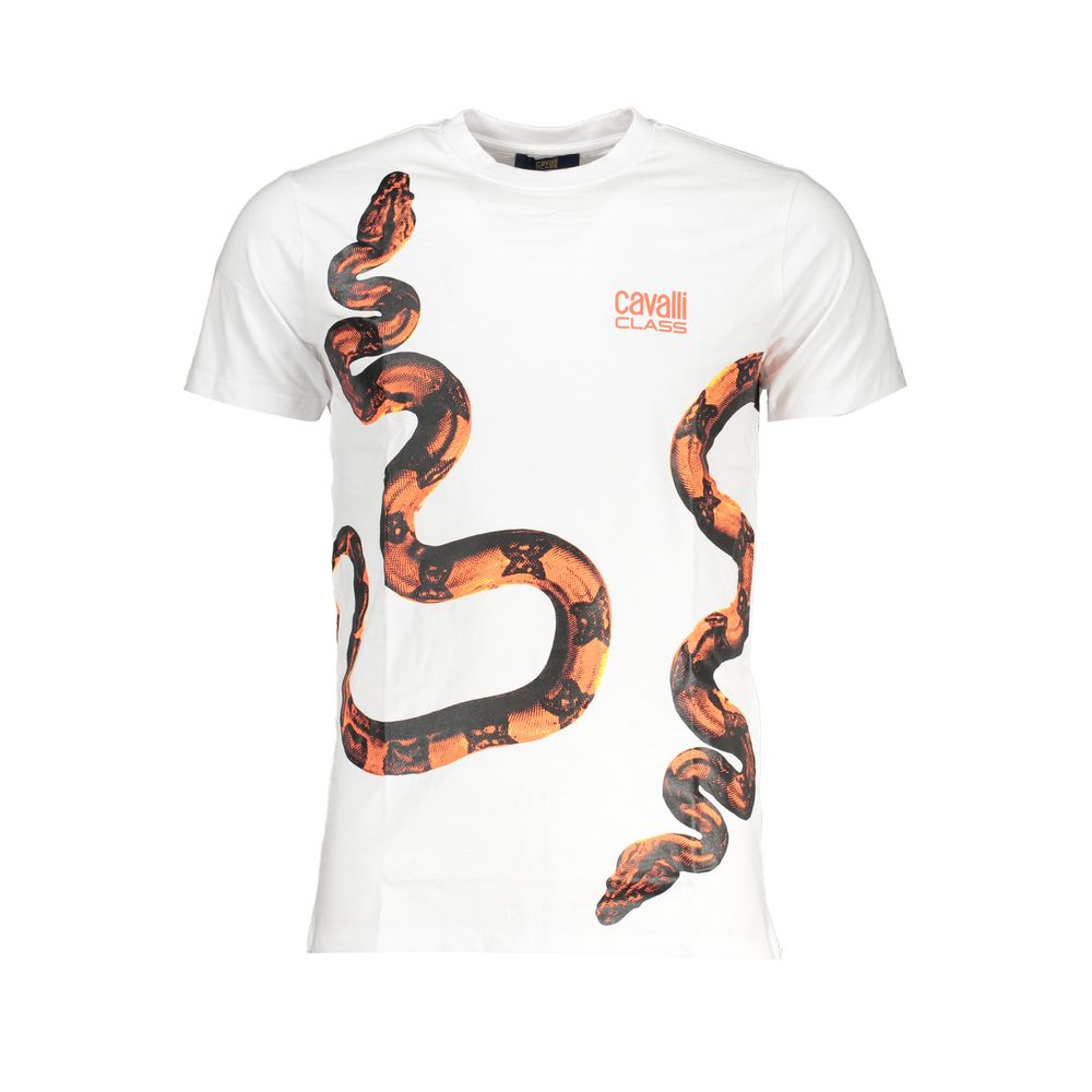 T-Shirt by Cavalli Class for men in cotton white & print showcases a unassuming silhouette, artfully detailed with a refined crew neckline and unassuming for a sophisticated, contemporary look.