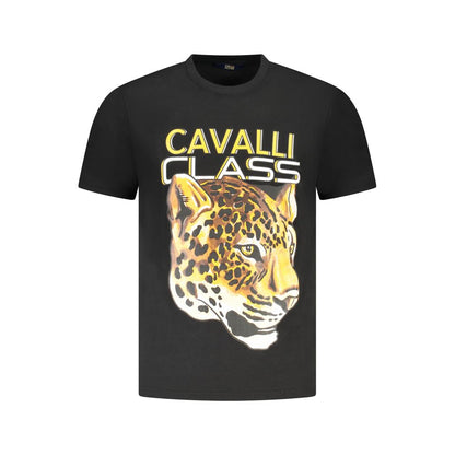 T-Shirt by Cavalli Class for men in cotton black & print showcases a chic silhouette, artfully detailed with a chic crew neckline and short-sleeve for a chic finish.