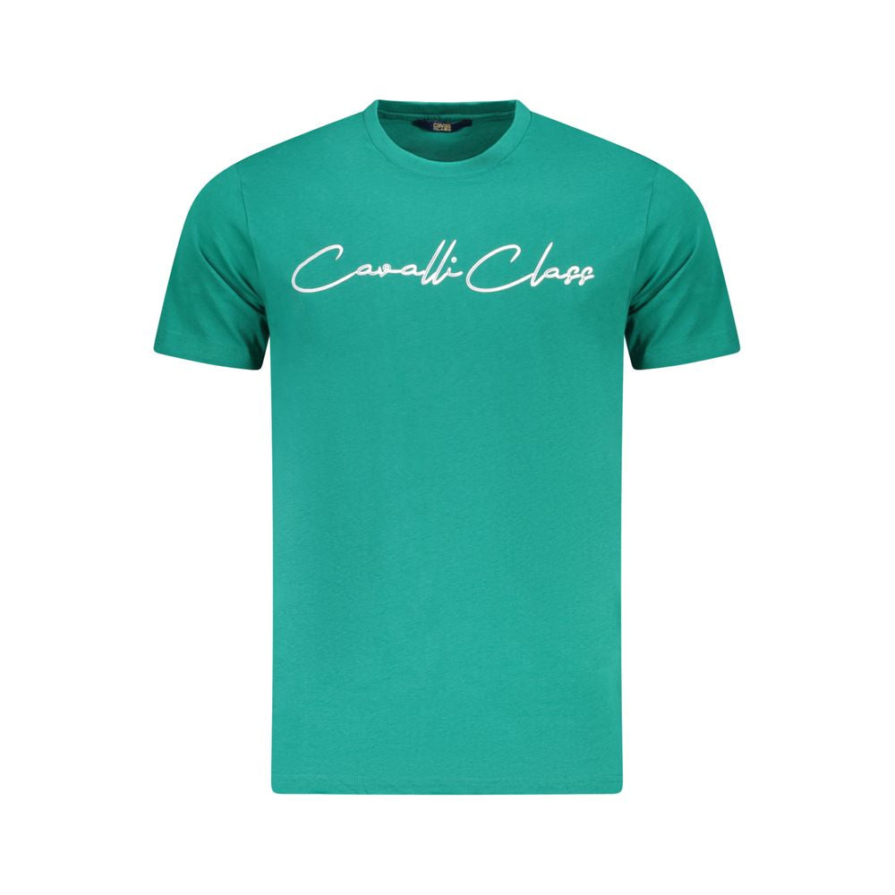 T-Shirt by Cavalli Class for men in cotton green & print features an edgy silhouette, meticulously detailed with a sophisticated short-sleeve and crew neckline for a truly edgy finish.