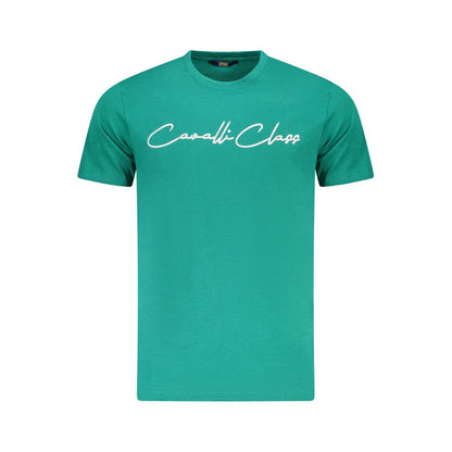 T-Shirt by Cavalli Class for men in cotton green & print features an edgy silhouette, meticulously detailed with a sophisticated short-sleeve and crew neckline for a truly edgy finish.
