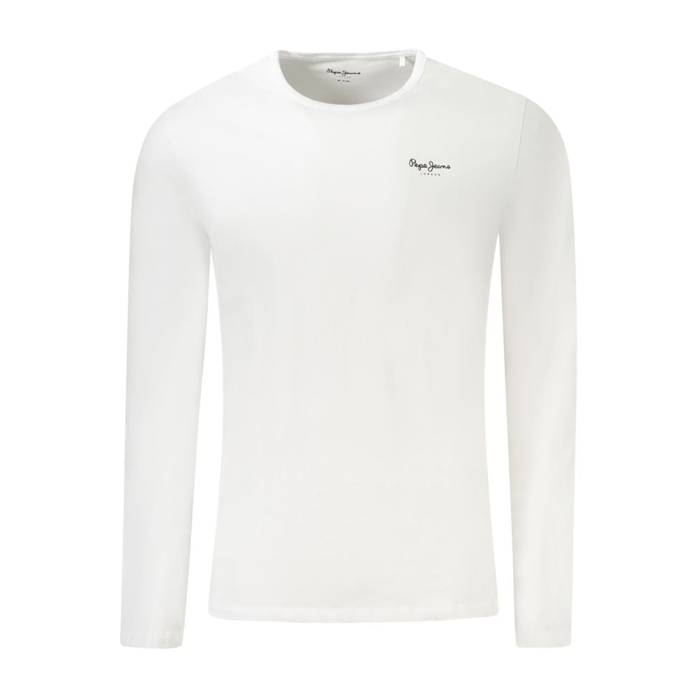 T-Shirt by Pepe Jeans for men in stretch cotton white & print showcases a fashionable silhouette, elegantly detailed with a fashionable long-sleeve and crew neckline for a sophisticated, high-fashion look.